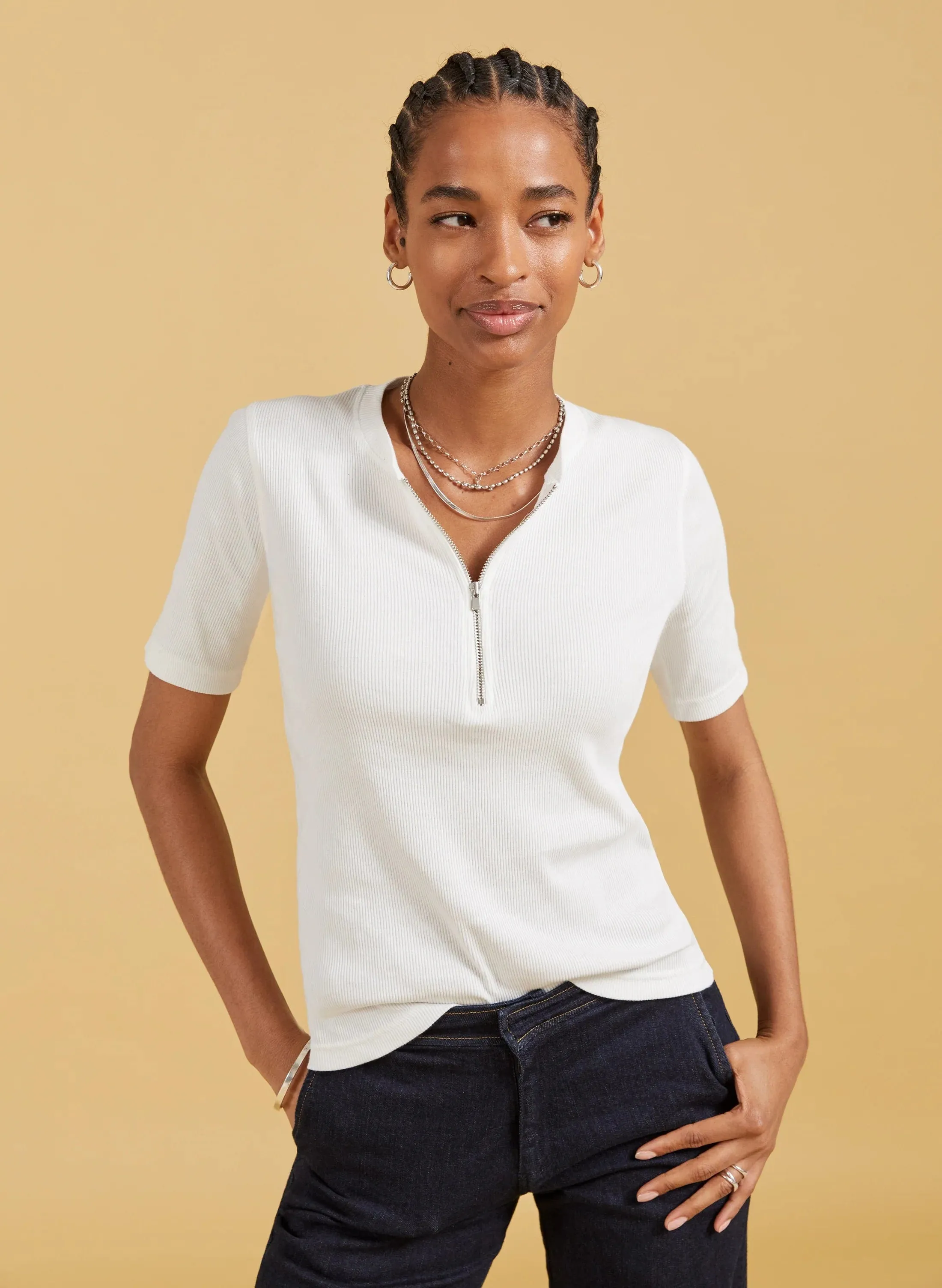 Baukjen Essentials Ribbed Organic Cotton Zip Top | Pure White