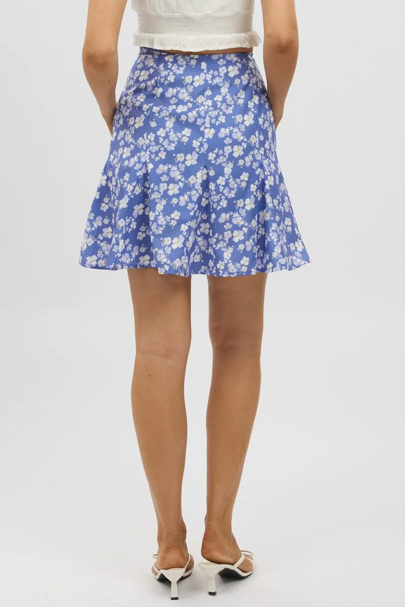 Blue Ditsy Midi Godet Skirt