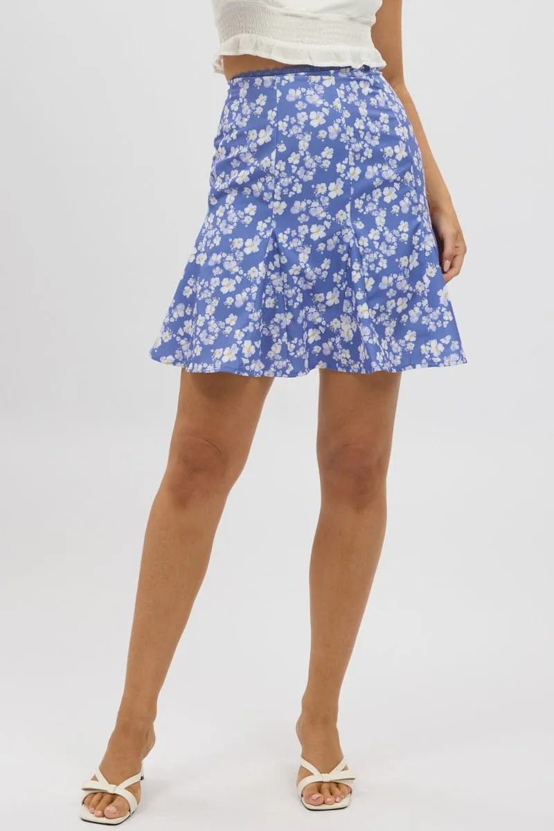 Blue Ditsy Midi Godet Skirt
