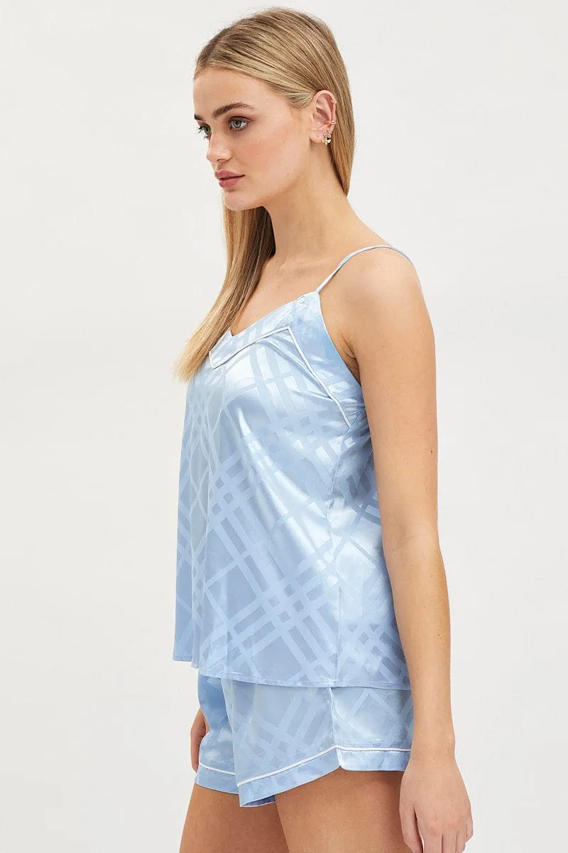 Blue Satin Pajamas Set Sleeveless