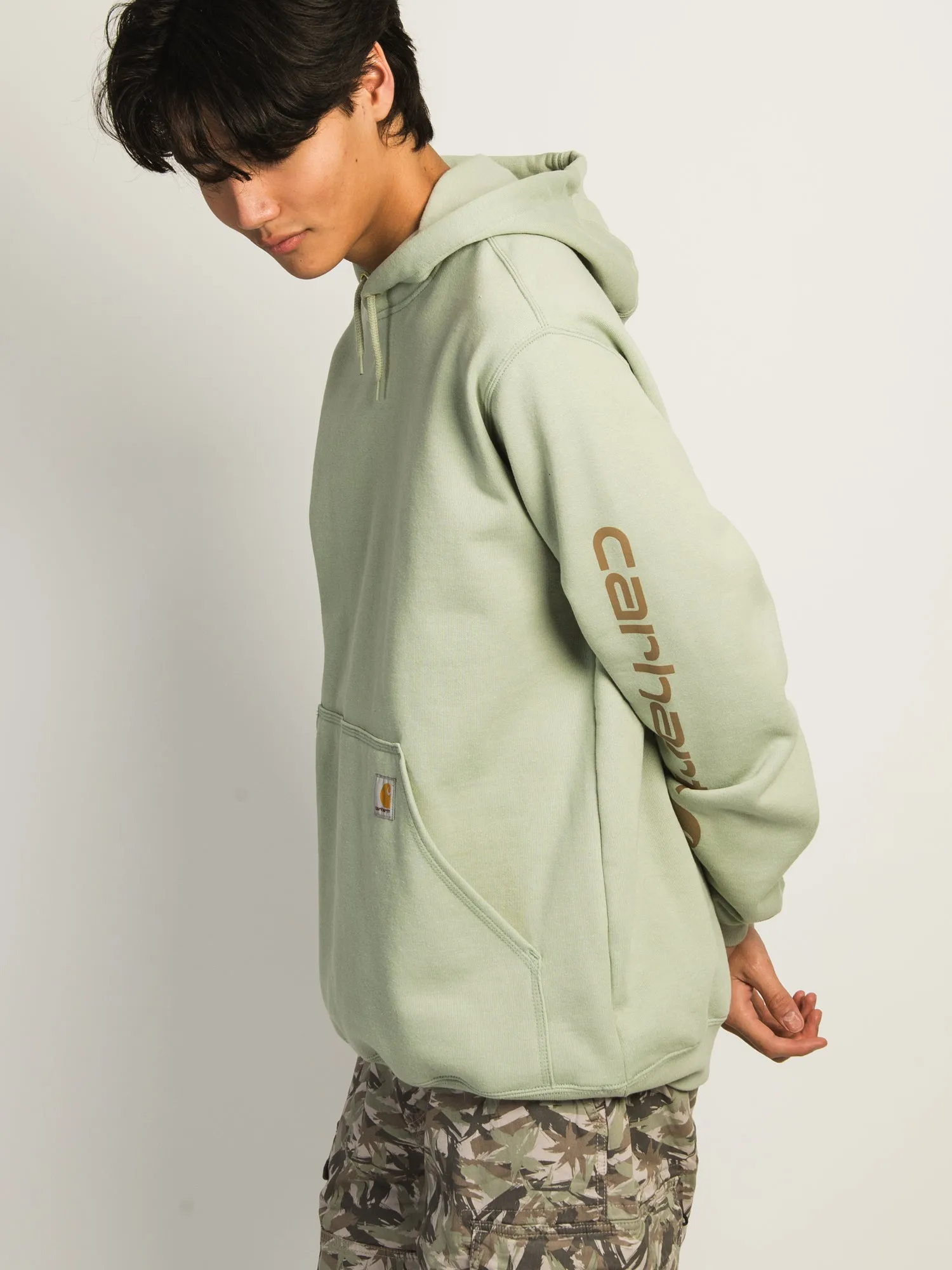 CARHARTT LOGO SLEEVE GRAPHIC PULL OVER HOODIE - SAGE