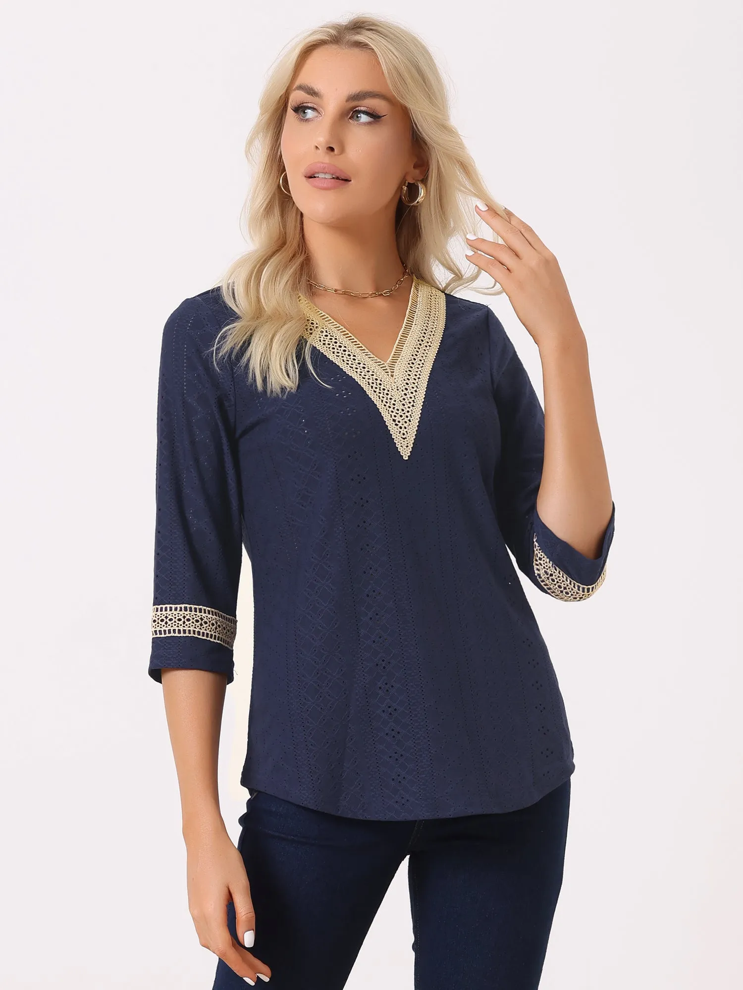 Contrast Color V Neck Loose Lace Trim Eyelet Boho Blouse
