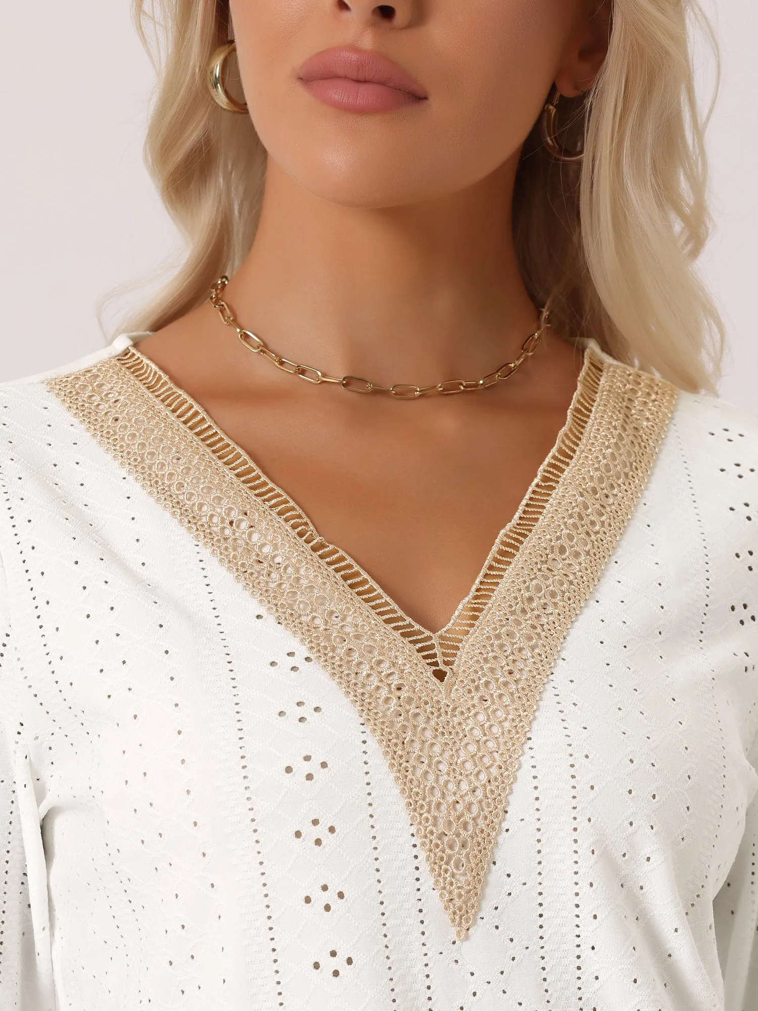 Contrast Color V Neck Loose Lace Trim Eyelet Boho Blouse