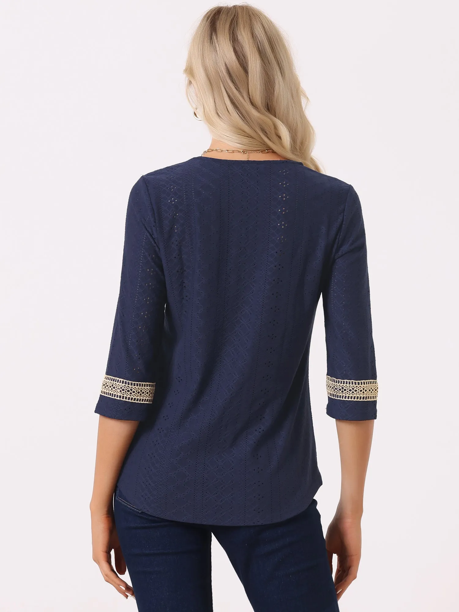 Contrast Color V Neck Loose Lace Trim Eyelet Boho Blouse