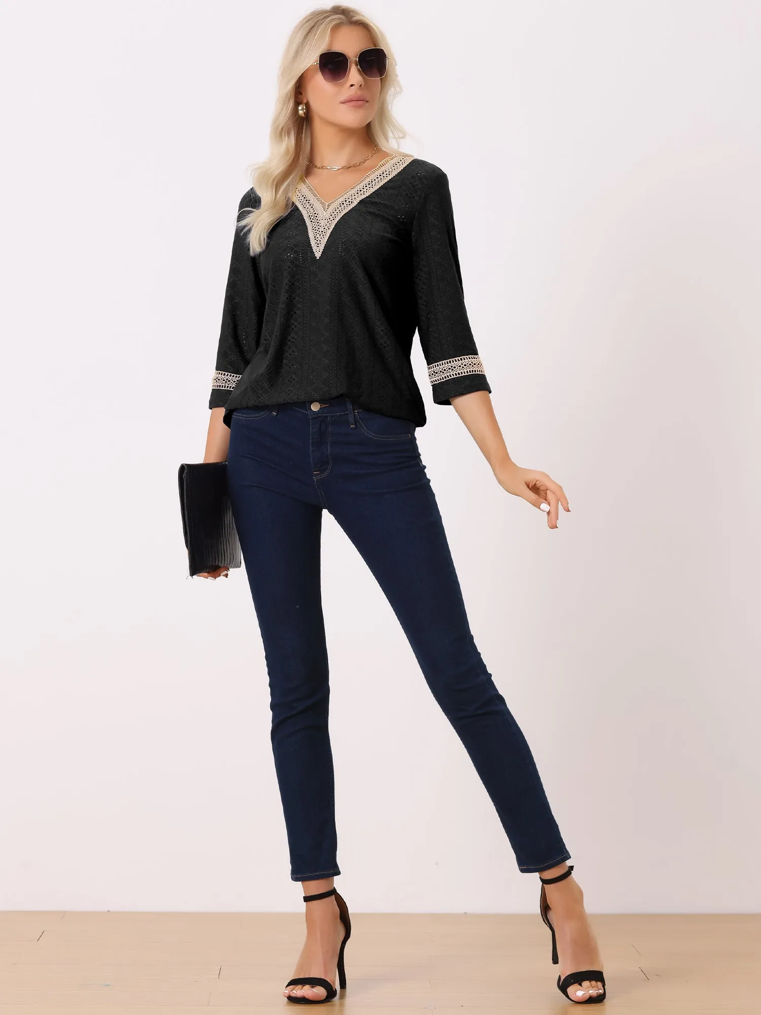 Contrast Color V Neck Loose Lace Trim Eyelet Boho Blouse