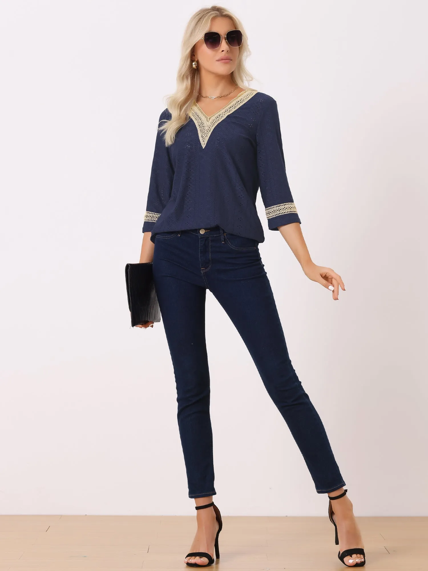 Contrast Color V Neck Loose Lace Trim Eyelet Boho Blouse