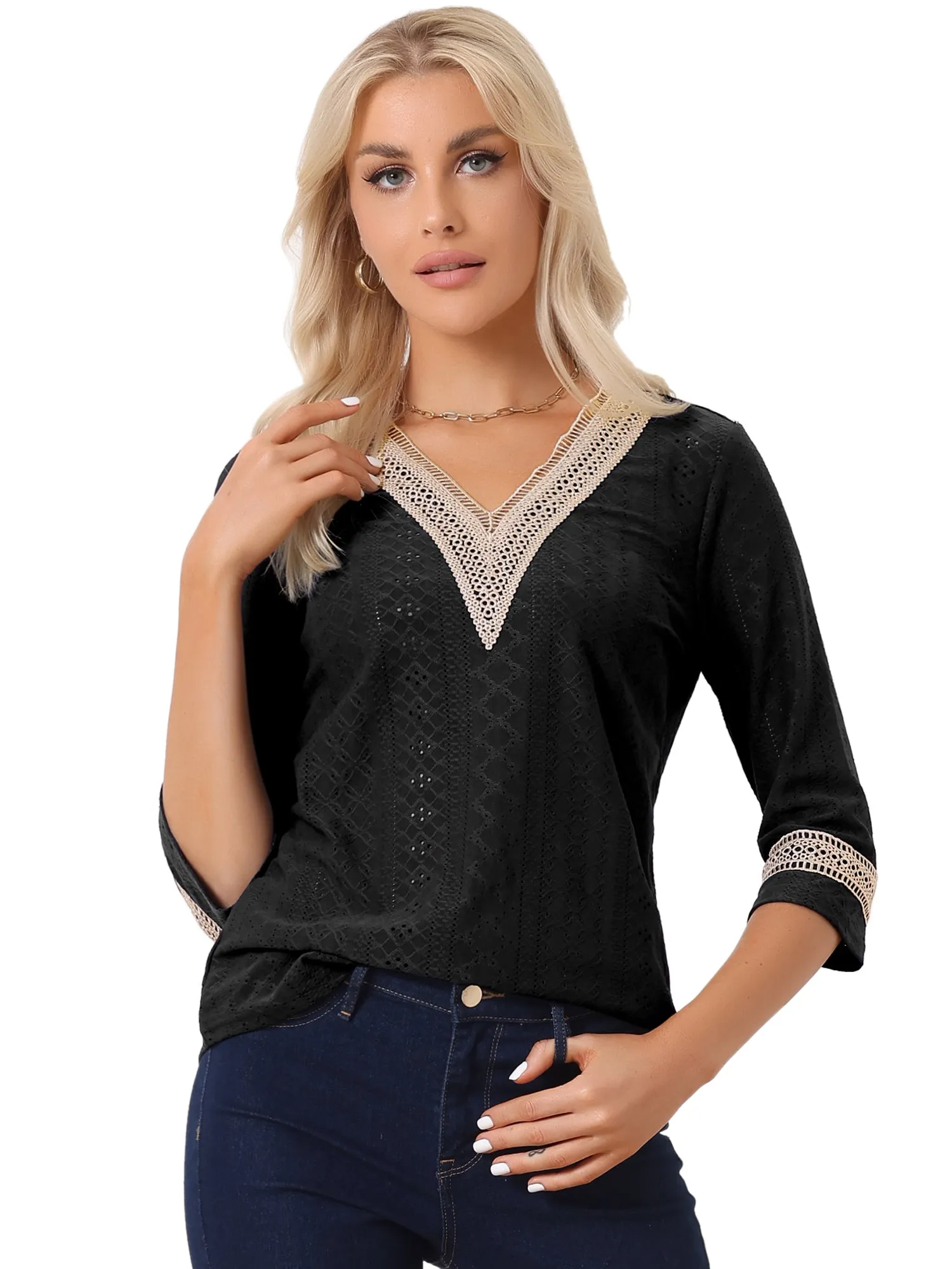 Contrast Color V Neck Loose Lace Trim Eyelet Boho Blouse