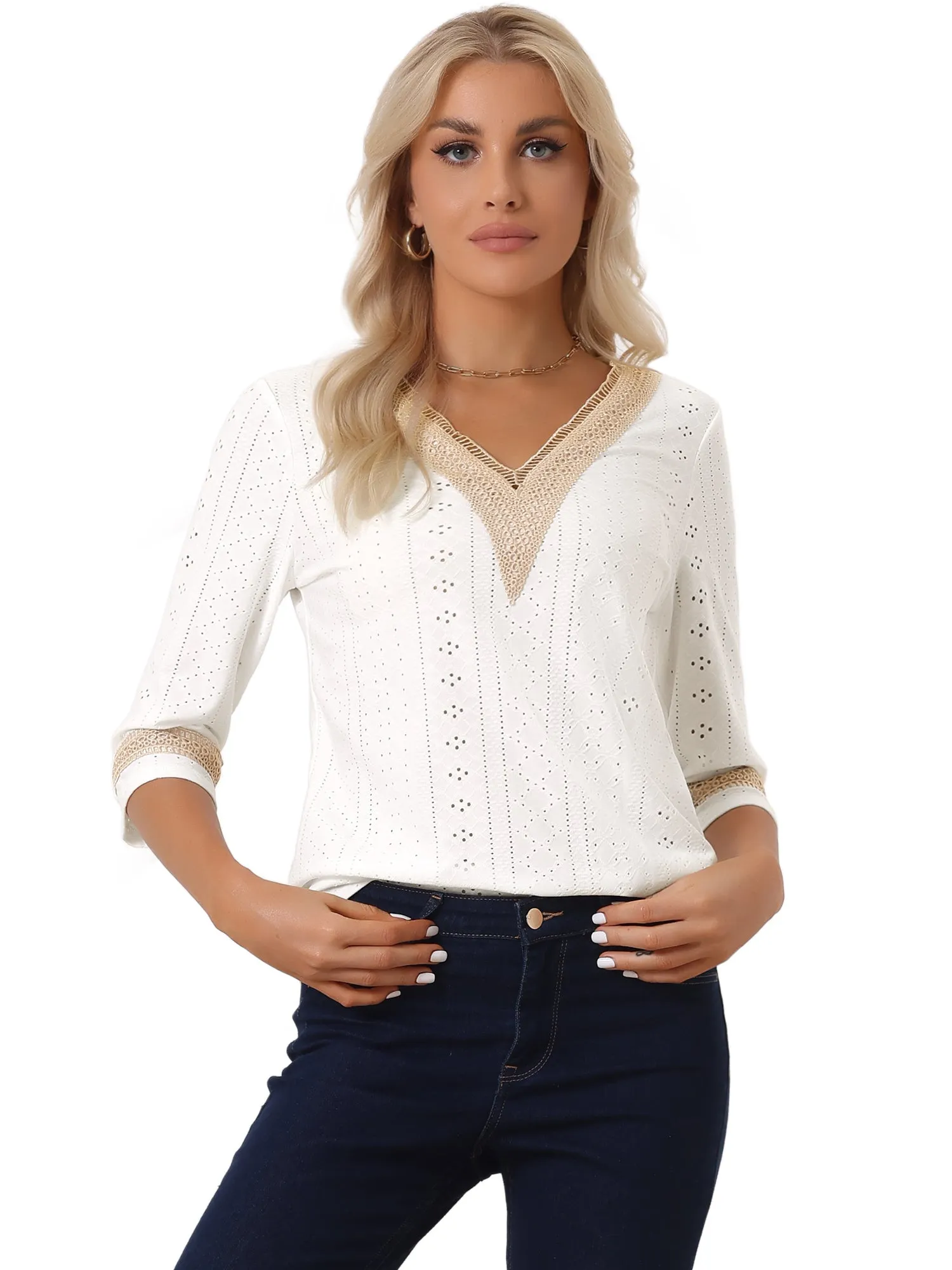 Contrast Color V Neck Loose Lace Trim Eyelet Boho Blouse