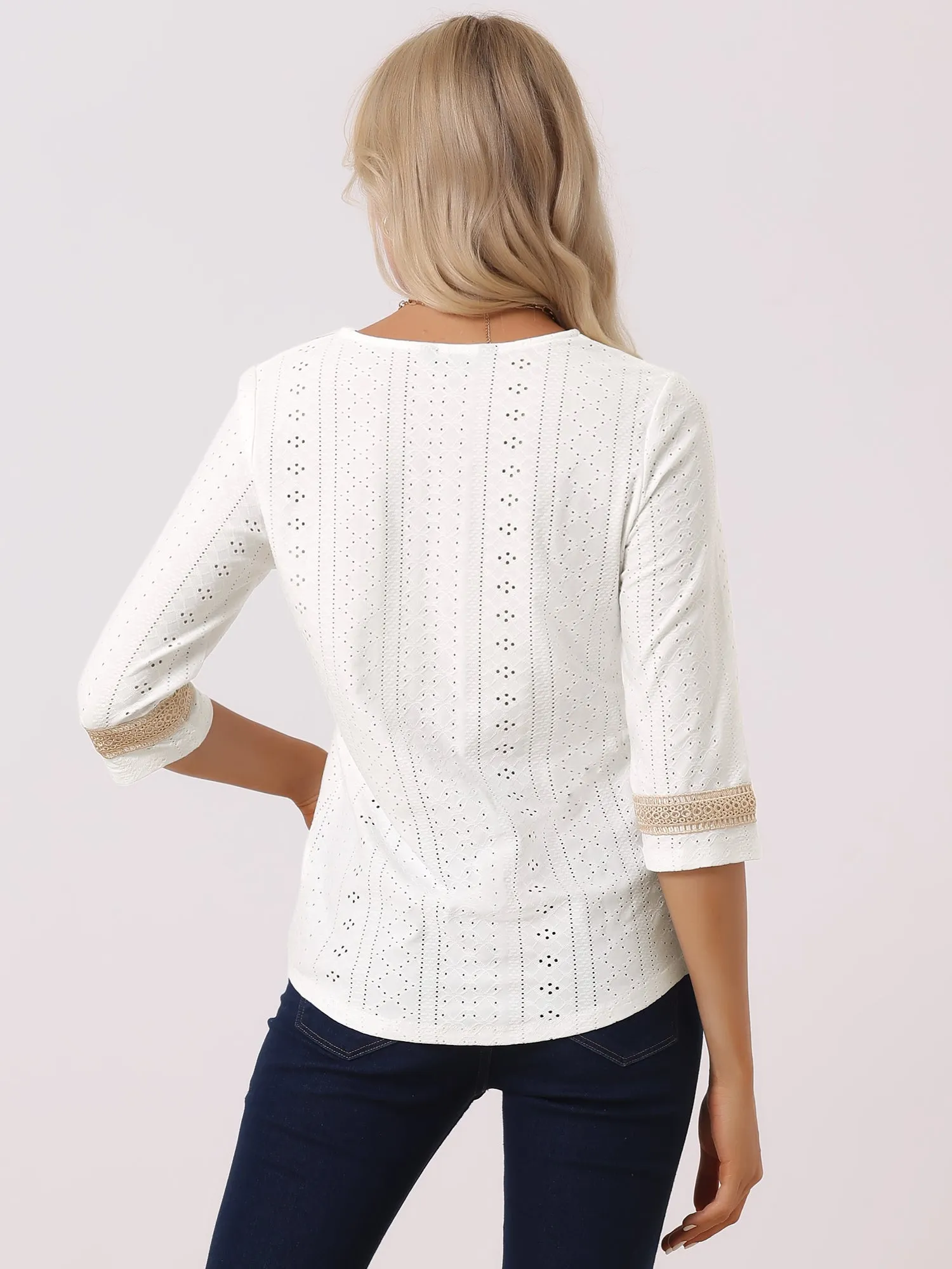 Contrast Color V Neck Loose Lace Trim Eyelet Boho Blouse
