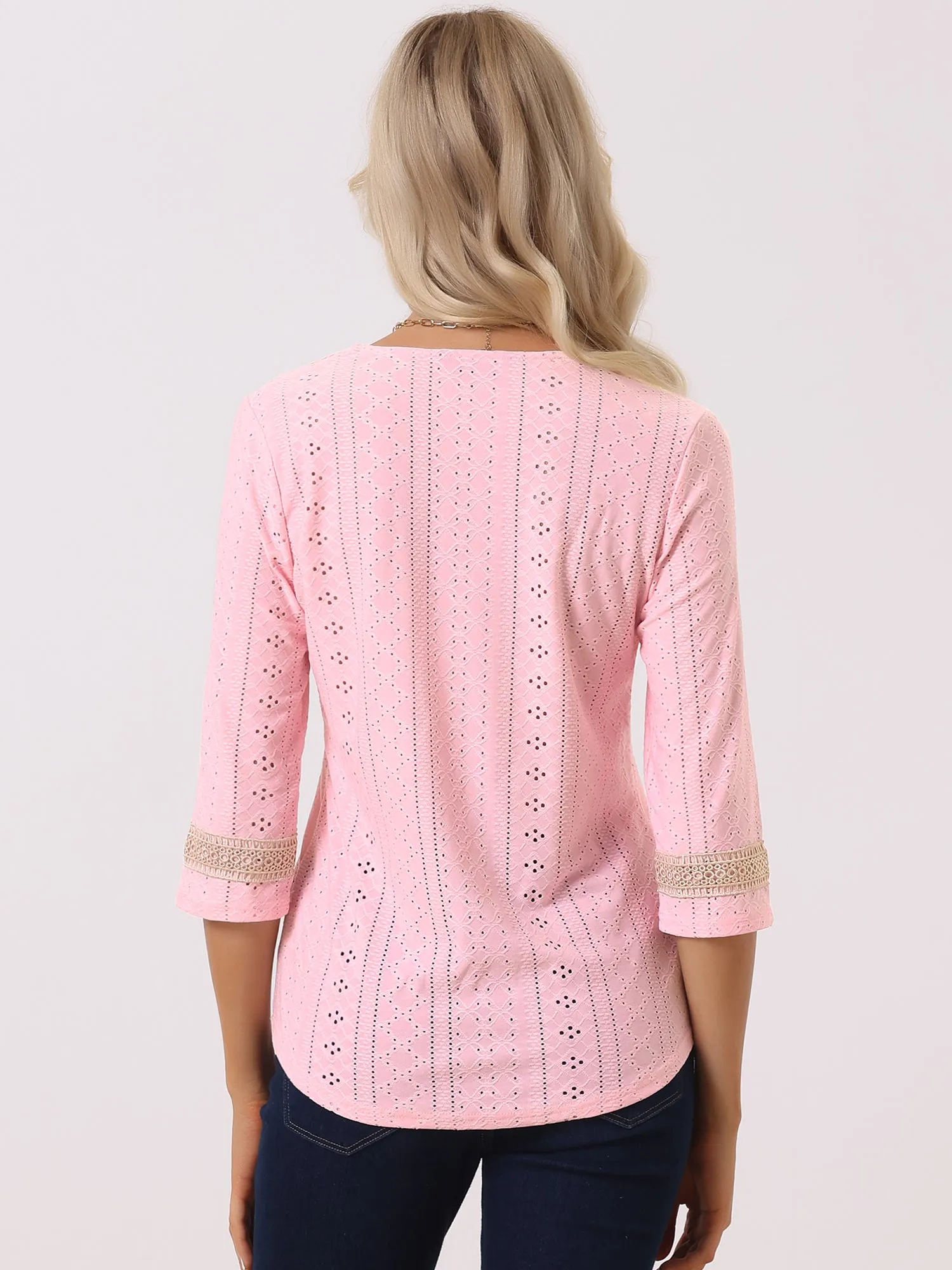 Contrast Color V Neck Loose Lace Trim Eyelet Boho Blouse