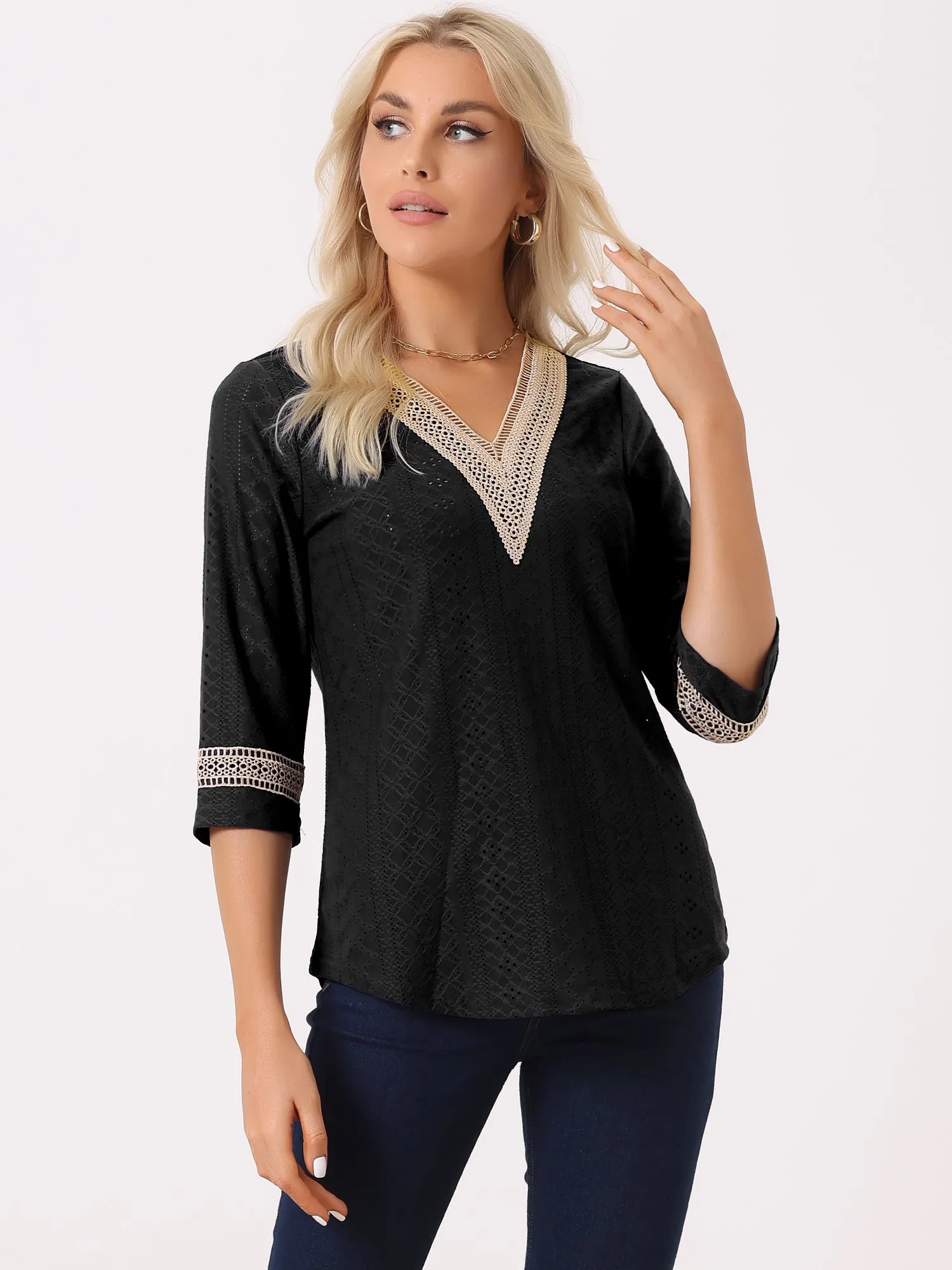 Contrast Color V Neck Loose Lace Trim Eyelet Boho Blouse