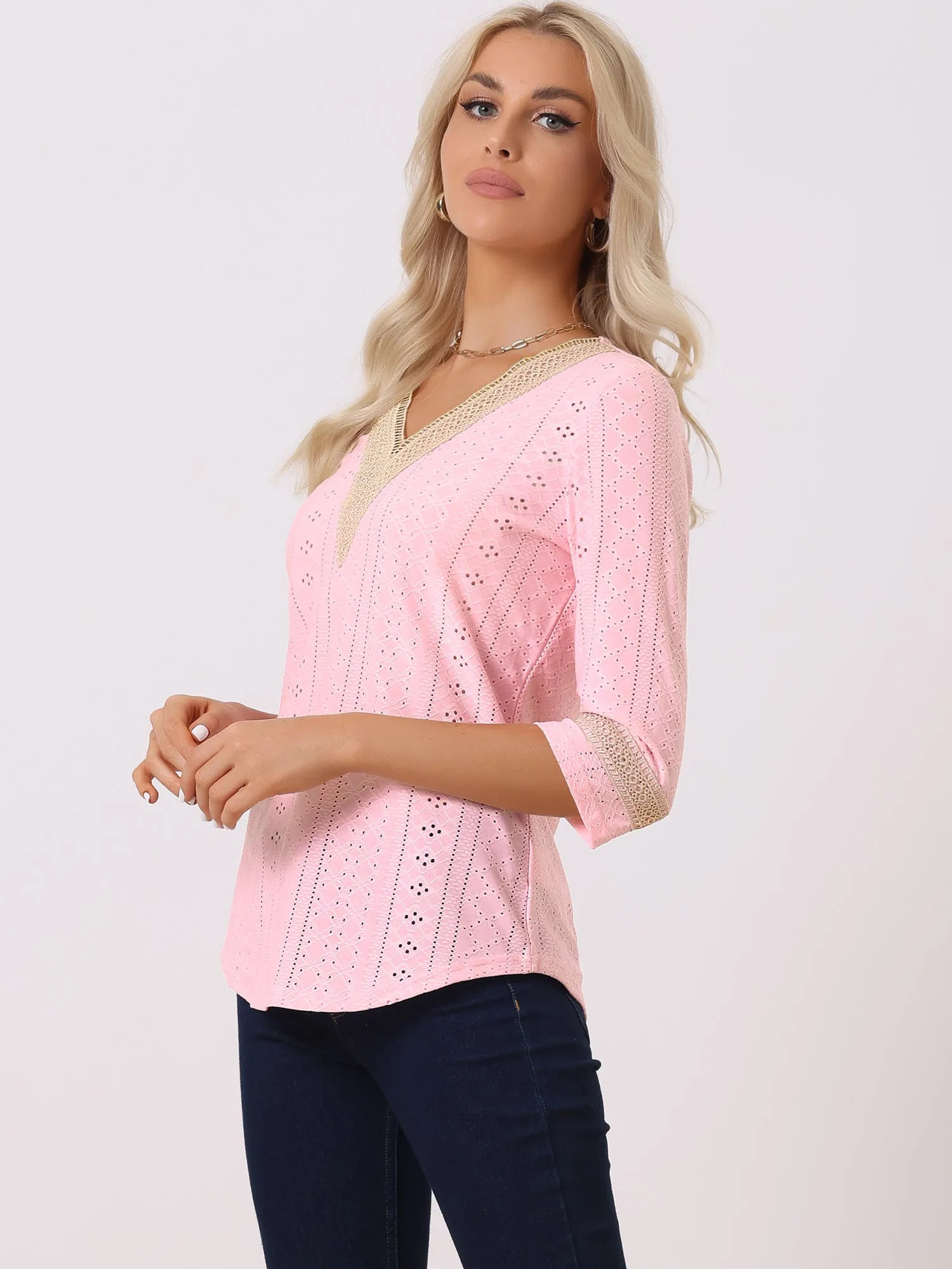 Contrast Color V Neck Loose Lace Trim Eyelet Boho Blouse
