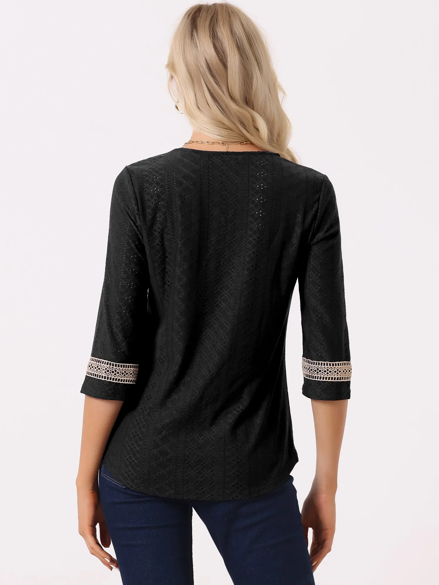 Contrast Color V Neck Loose Lace Trim Eyelet Boho Blouse