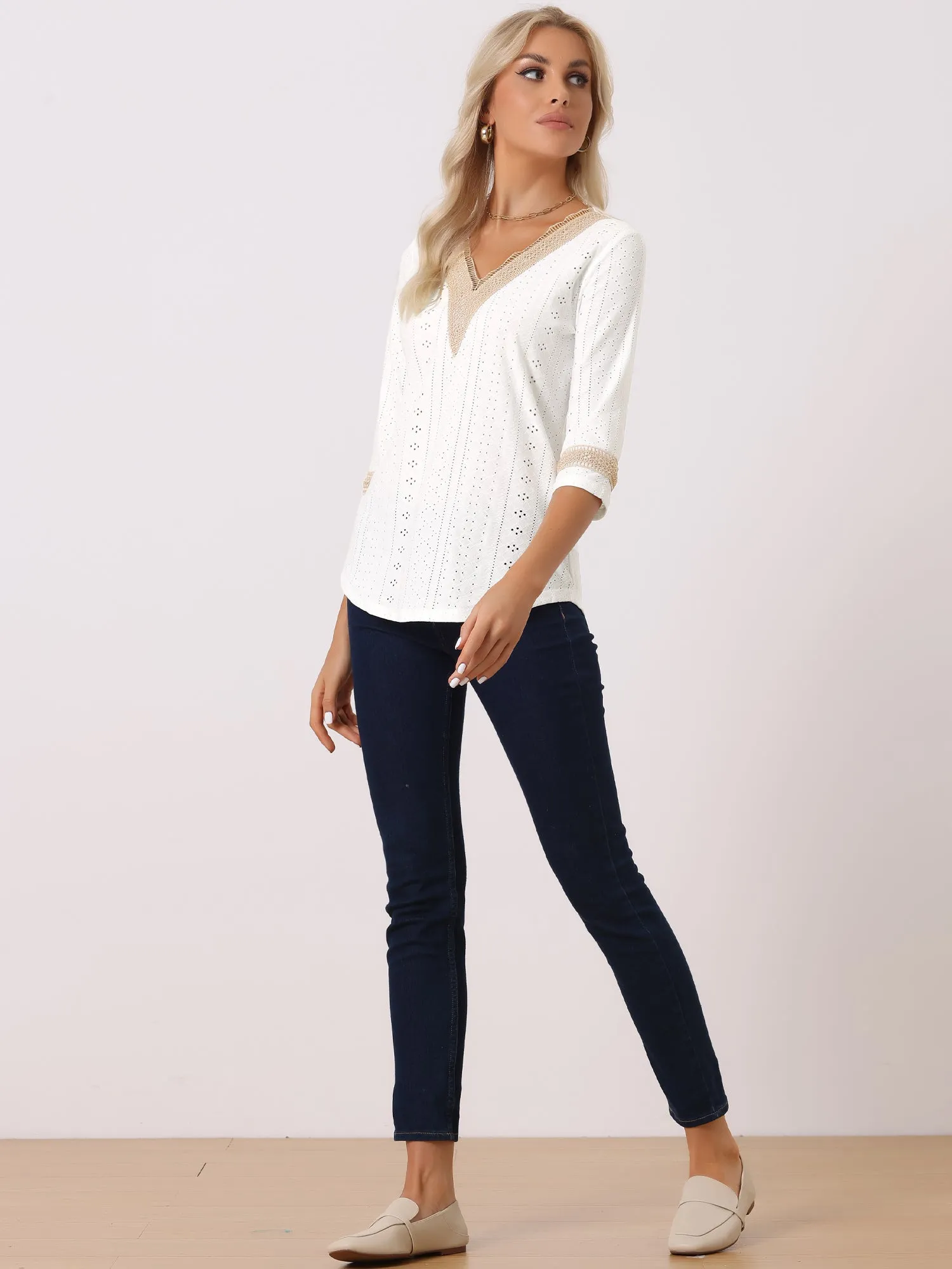 Contrast Color V Neck Loose Lace Trim Eyelet Boho Blouse