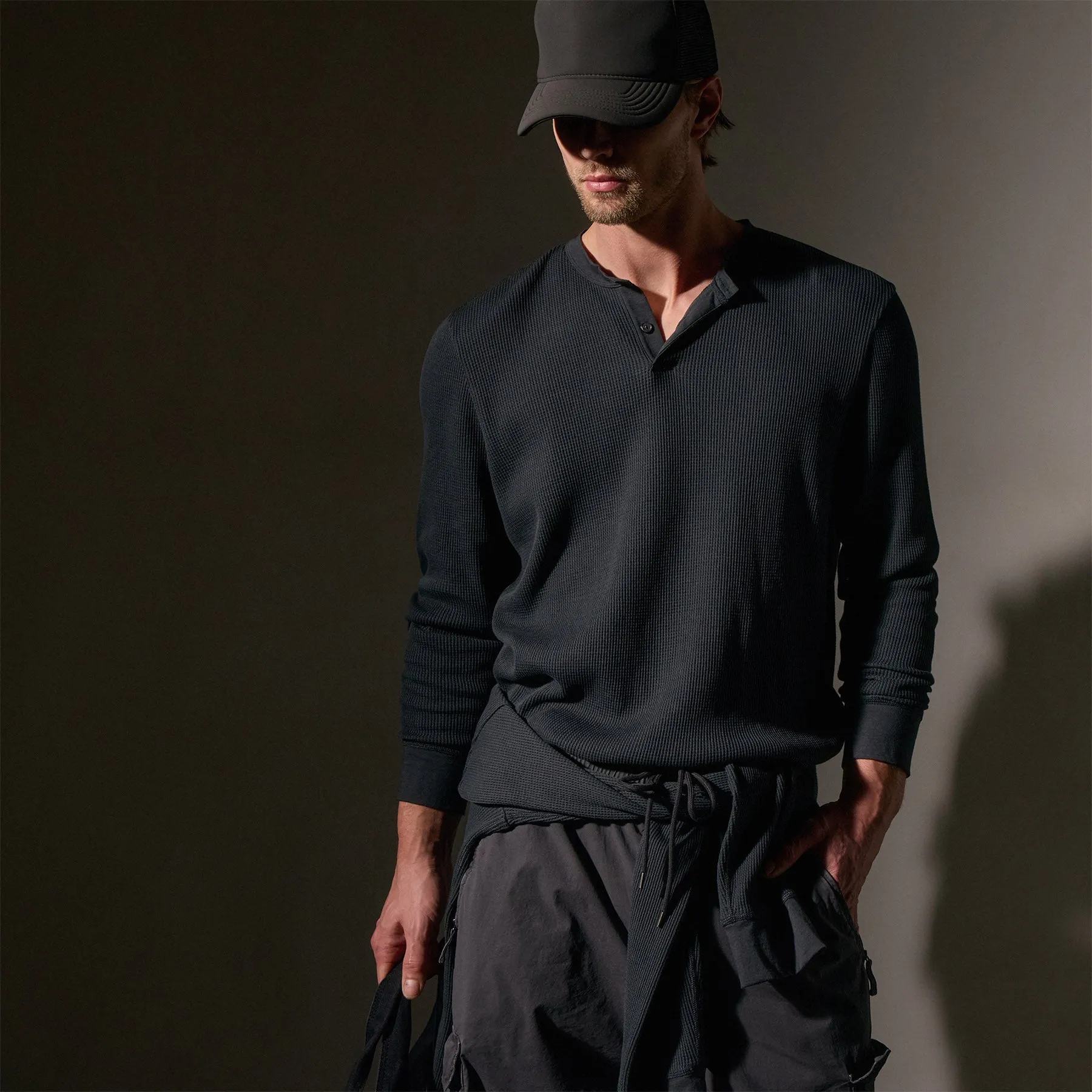 Cotton Linen Waffle Henley - Magma