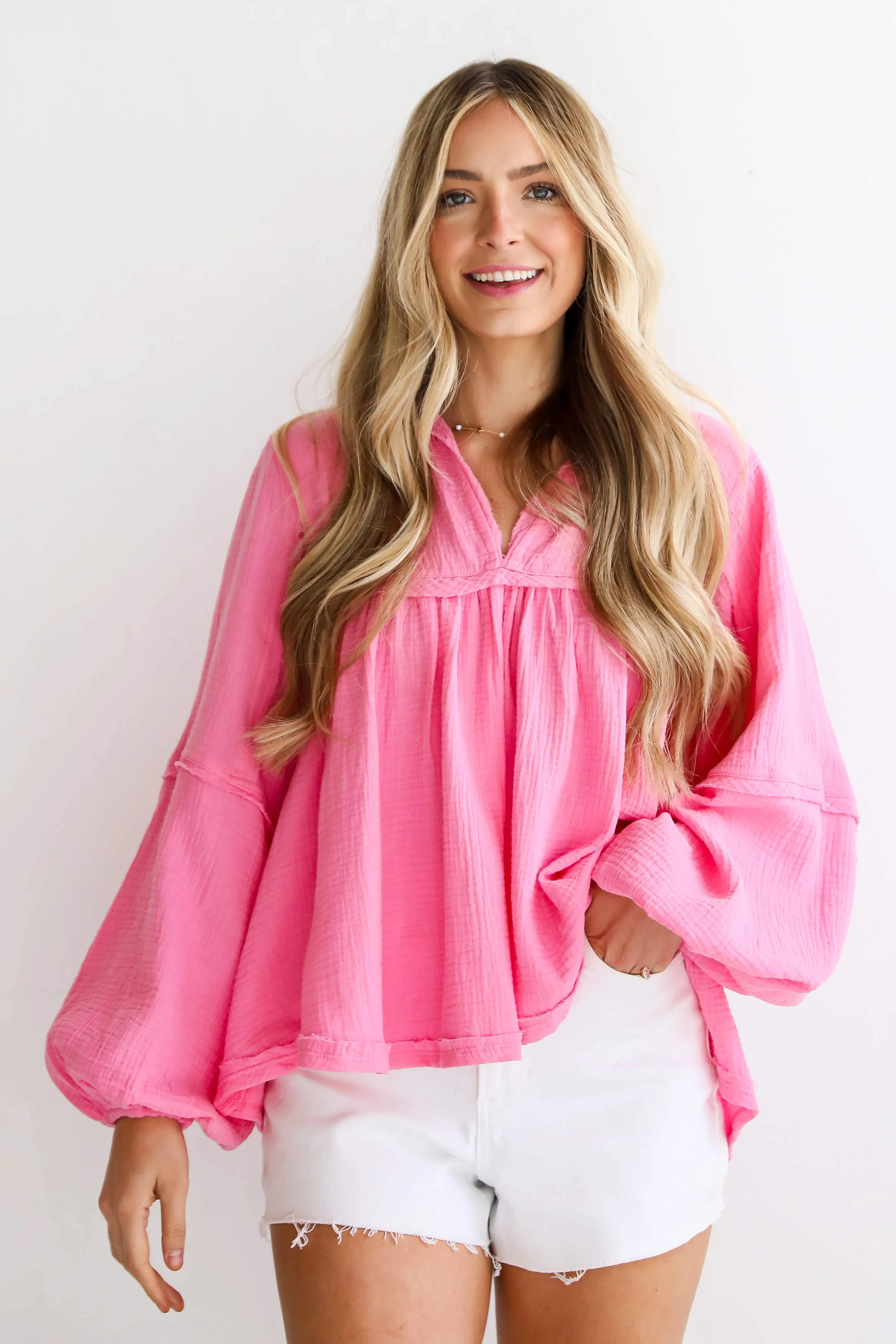 FINAL SALE - Abundant Radiance Pink Linen Babydoll Blouse