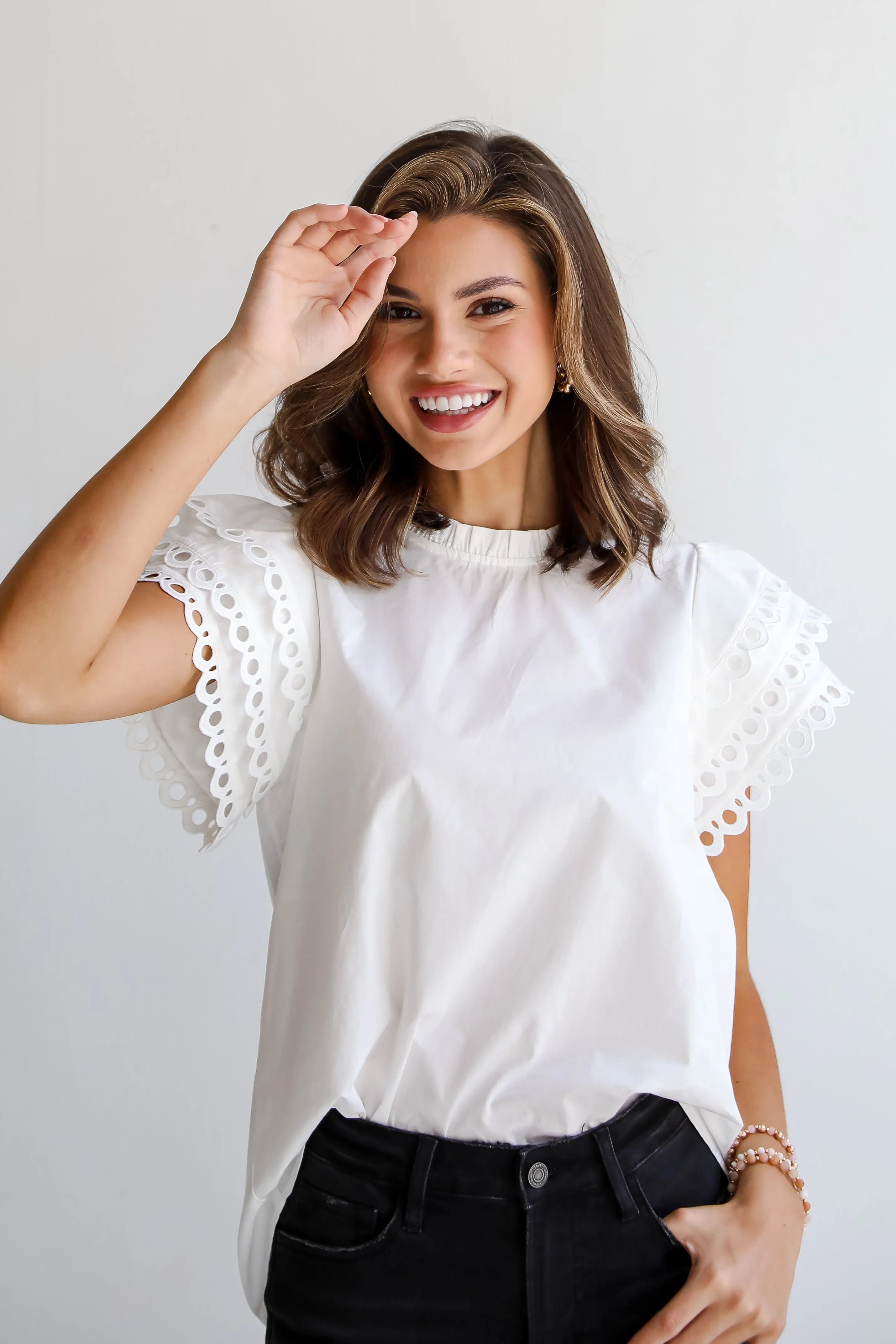 FINAL SALE - Profoundly Precious White Eyelet Sleeve Blouse