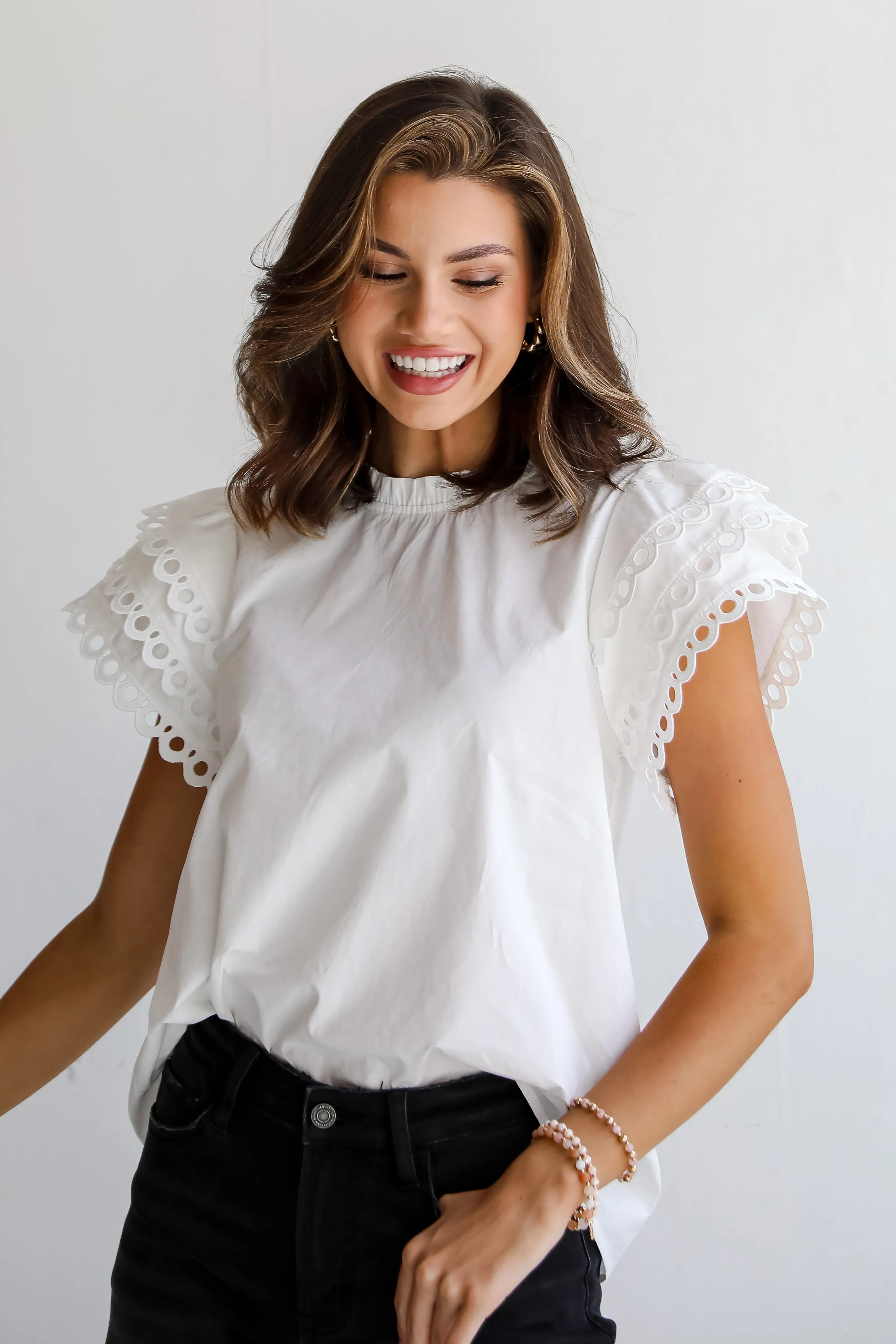 FINAL SALE - Profoundly Precious White Eyelet Sleeve Blouse