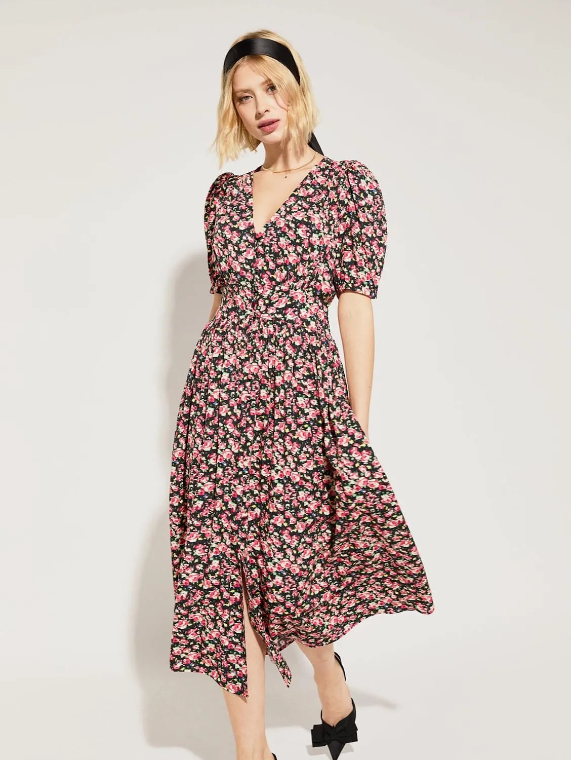 Holly LENZING™ ECOVERO™ V-Neck Midi Dress | Black Rose Floral