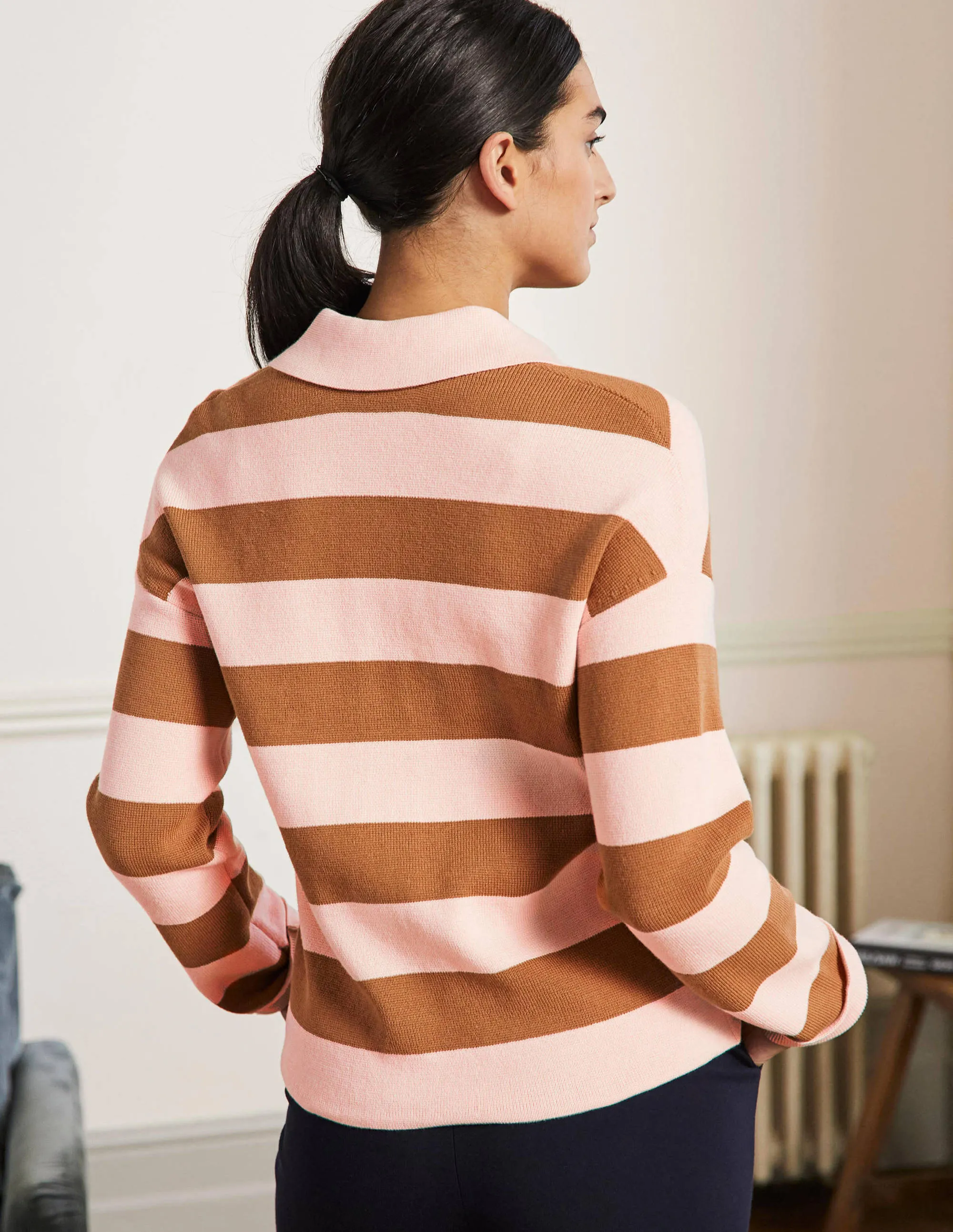Jewel Button Collared Cardigan-Milkshake, Camel Stripe