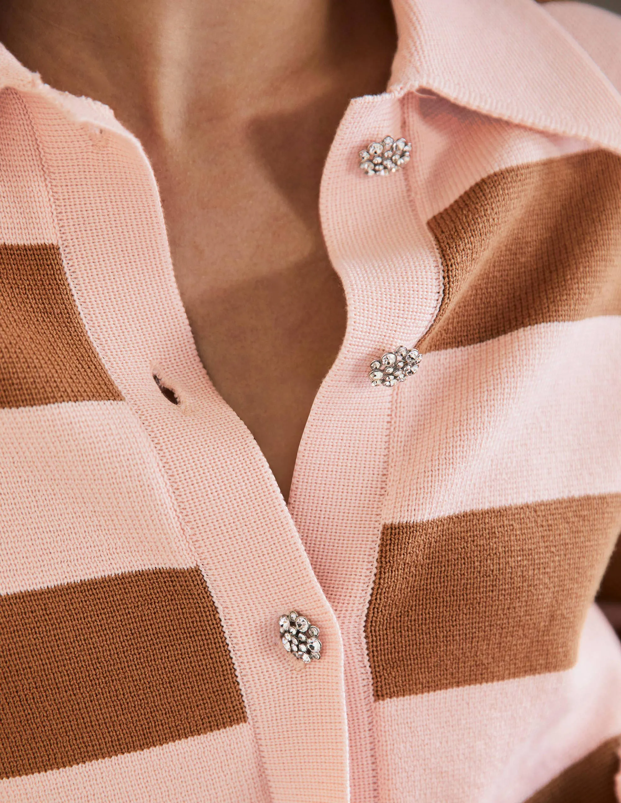 Jewel Button Collared Cardigan-Milkshake, Camel Stripe