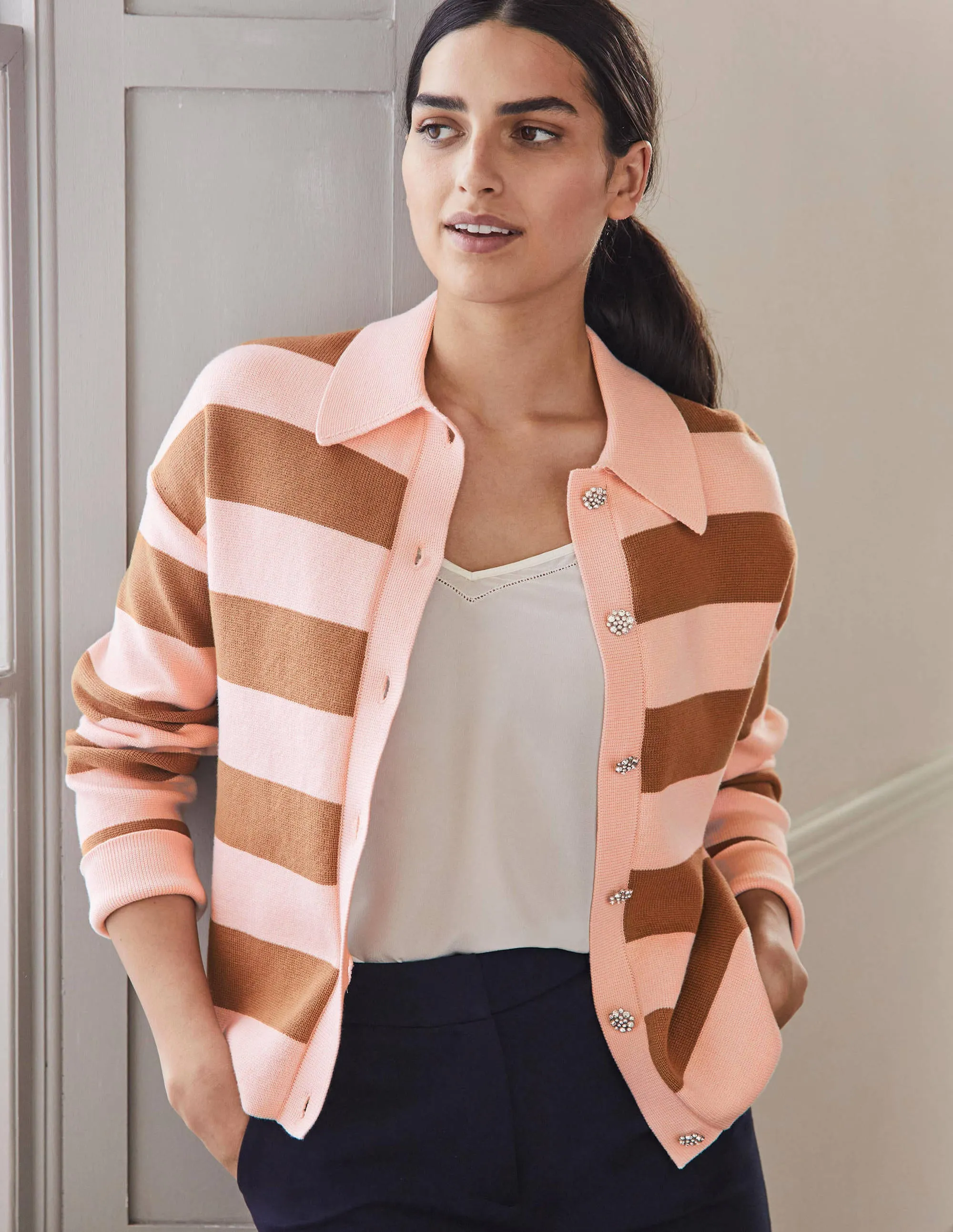 Jewel Button Collared Cardigan-Milkshake, Camel Stripe