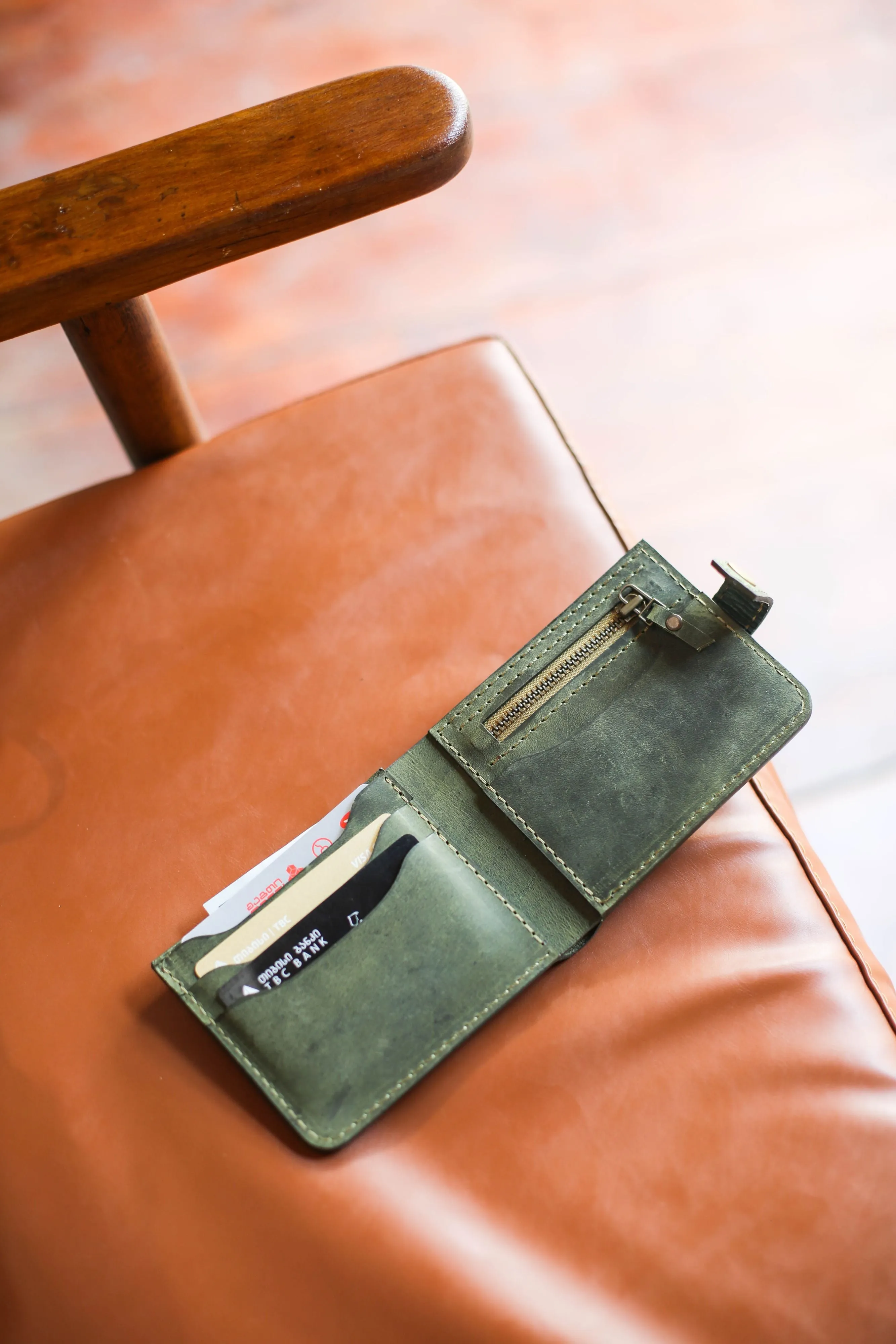Leather Bifold Wallet - Khaki Green