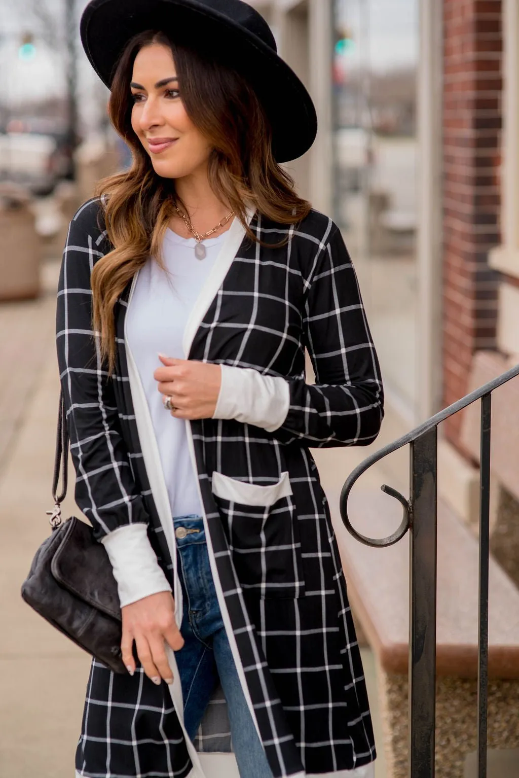Plaid Solid Trimmed Tunic Cardigan