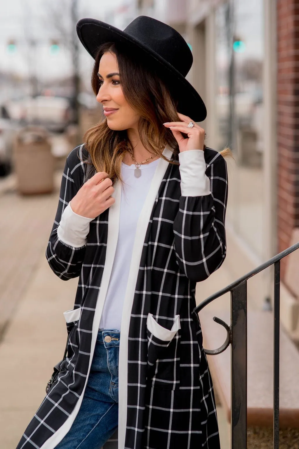 Plaid Solid Trimmed Tunic Cardigan