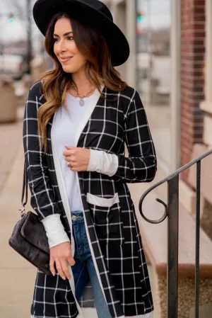 Plaid Solid Trimmed Tunic Cardigan