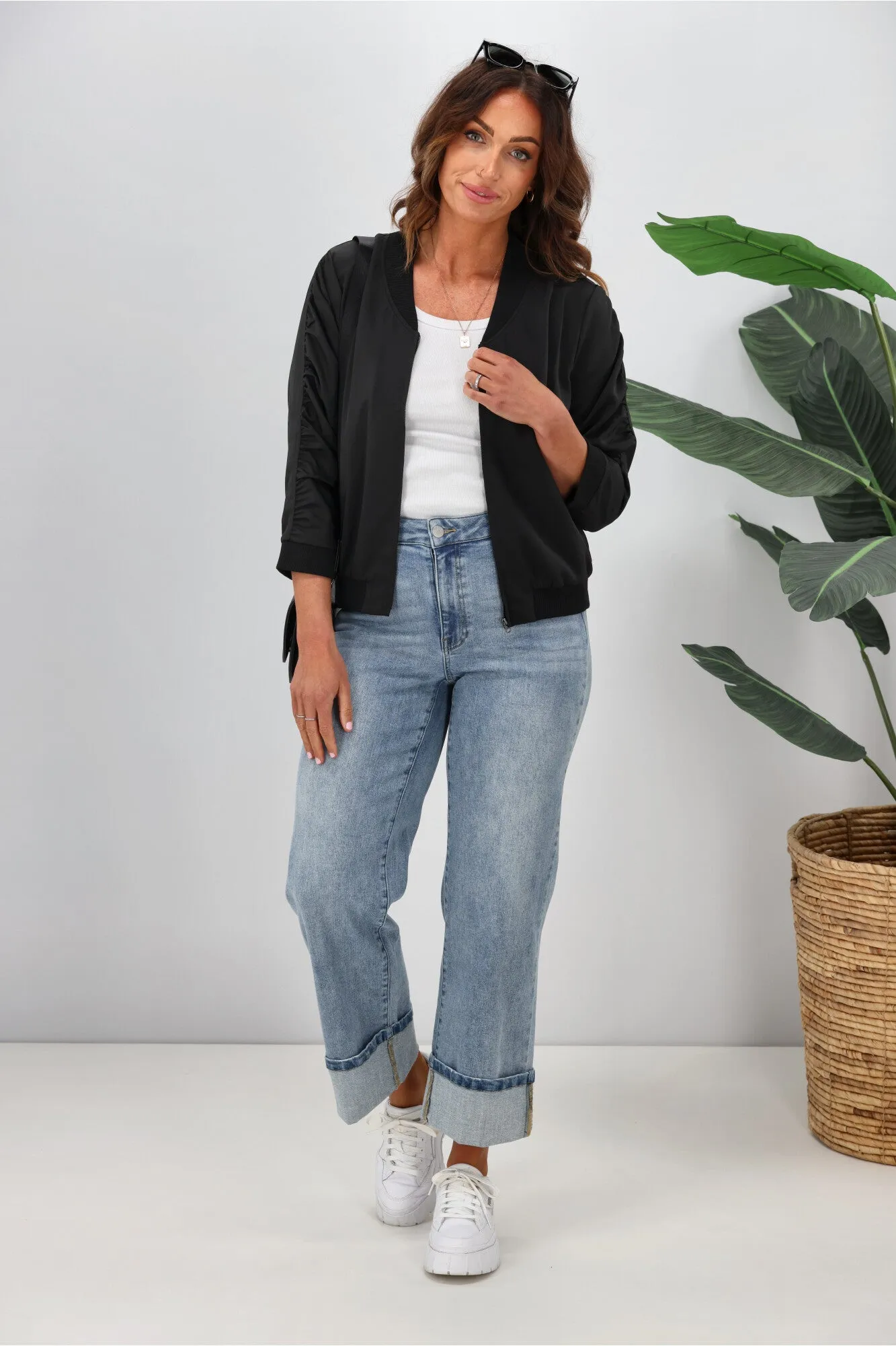 Shine On Label Silvina Gathered Sleeve Bomber Jacket Black