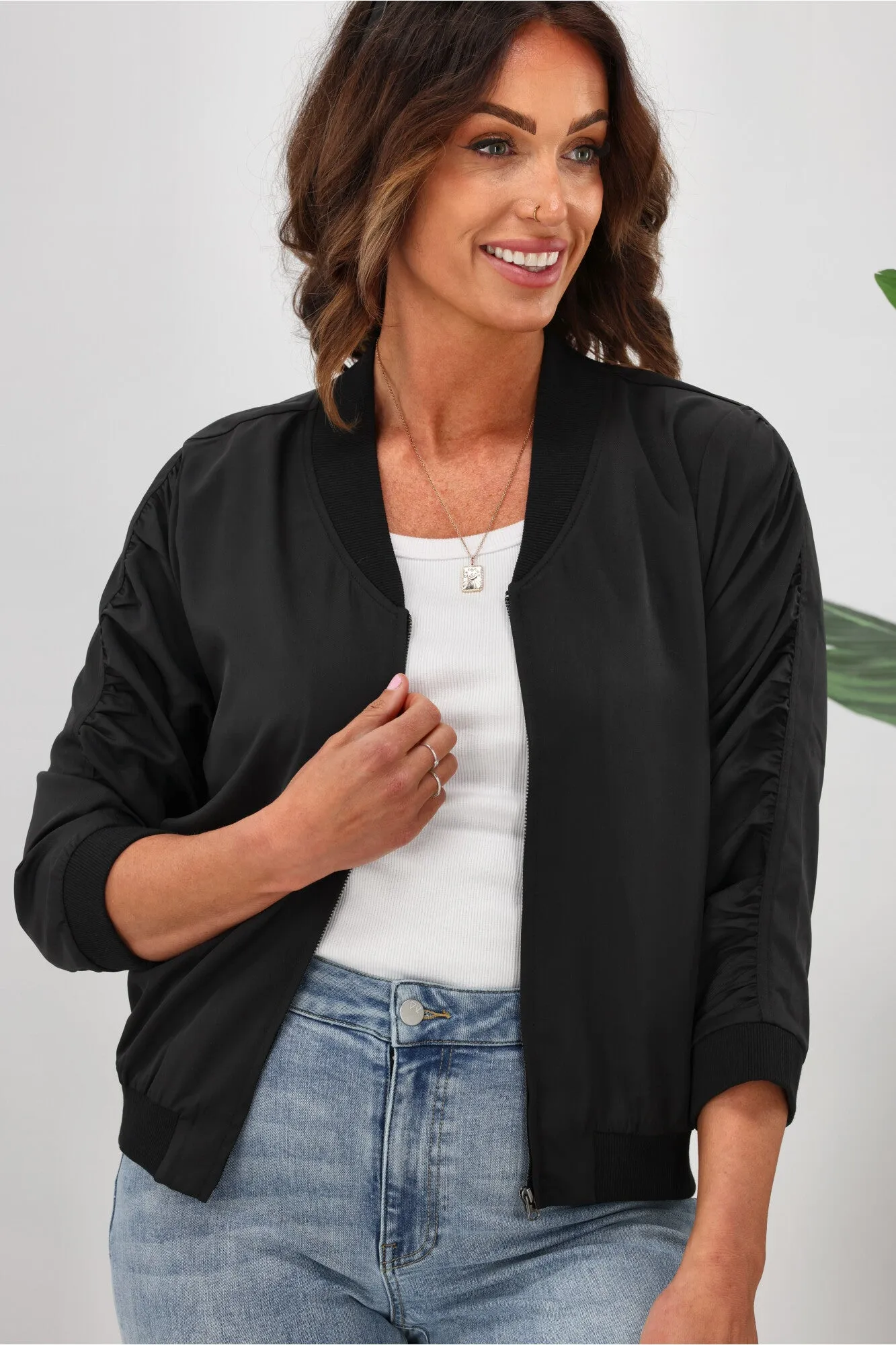 Shine On Label Silvina Gathered Sleeve Bomber Jacket Black