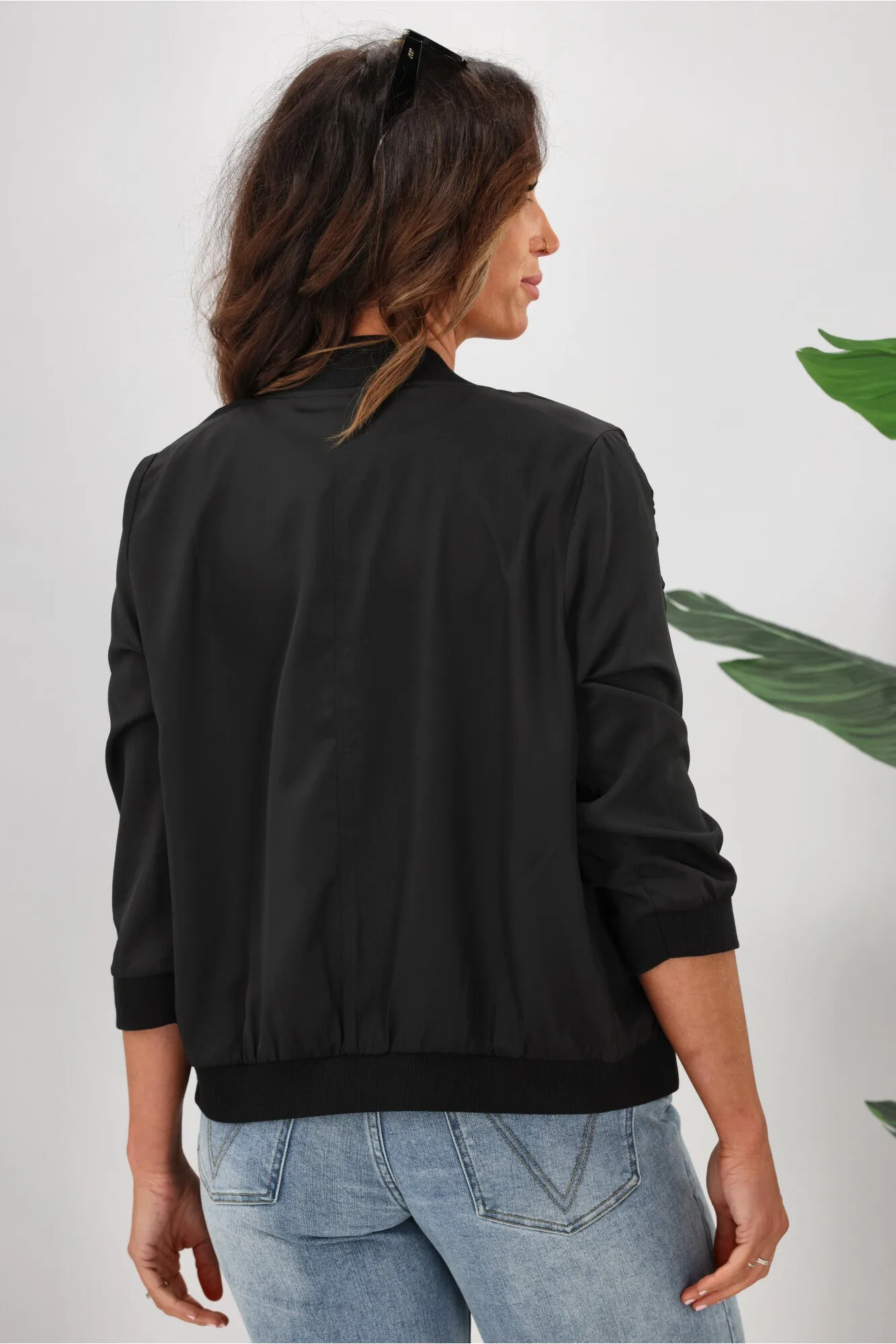 Shine On Label Silvina Gathered Sleeve Bomber Jacket Black