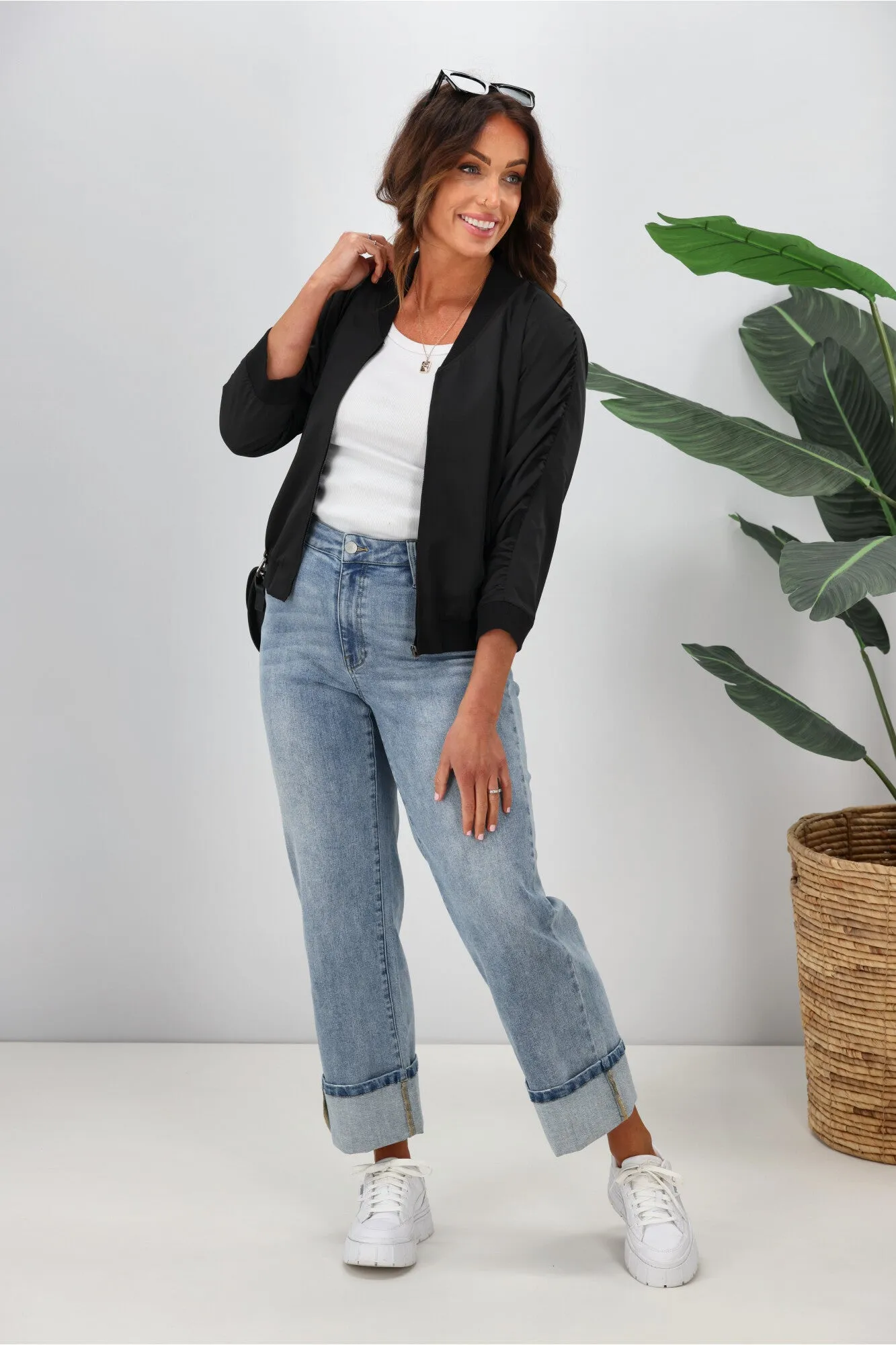 Shine On Label Silvina Gathered Sleeve Bomber Jacket Black