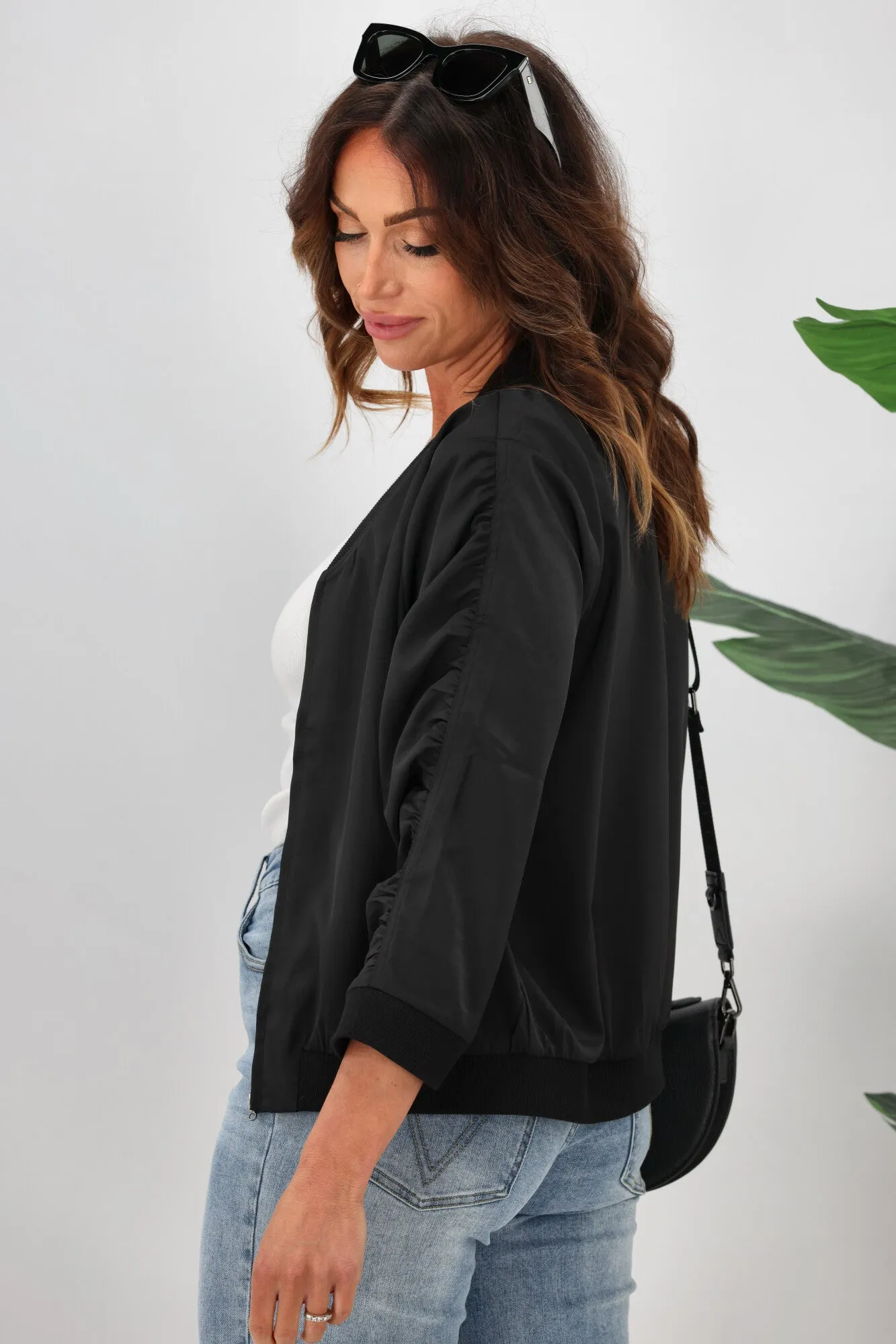 Shine On Label Silvina Gathered Sleeve Bomber Jacket Black