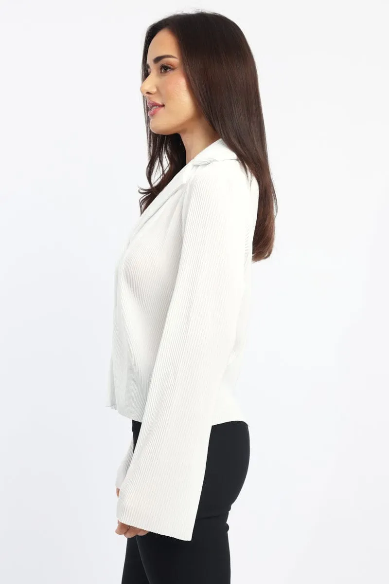 White Plisse Shirt Long Sleeve Lapel Collar Button Up