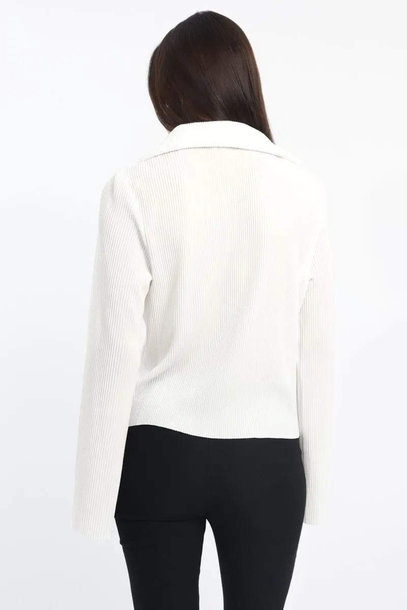 White Plisse Shirt Long Sleeve Lapel Collar Button Up
