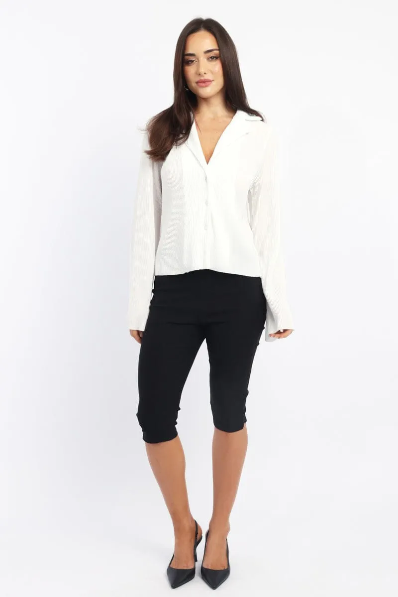 White Plisse Shirt Long Sleeve Lapel Collar Button Up