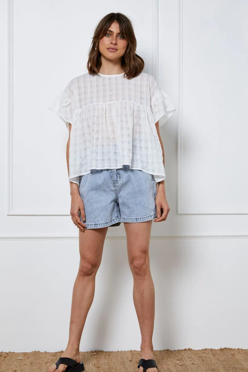 White Top Short Sleeve Crew Neck Linen